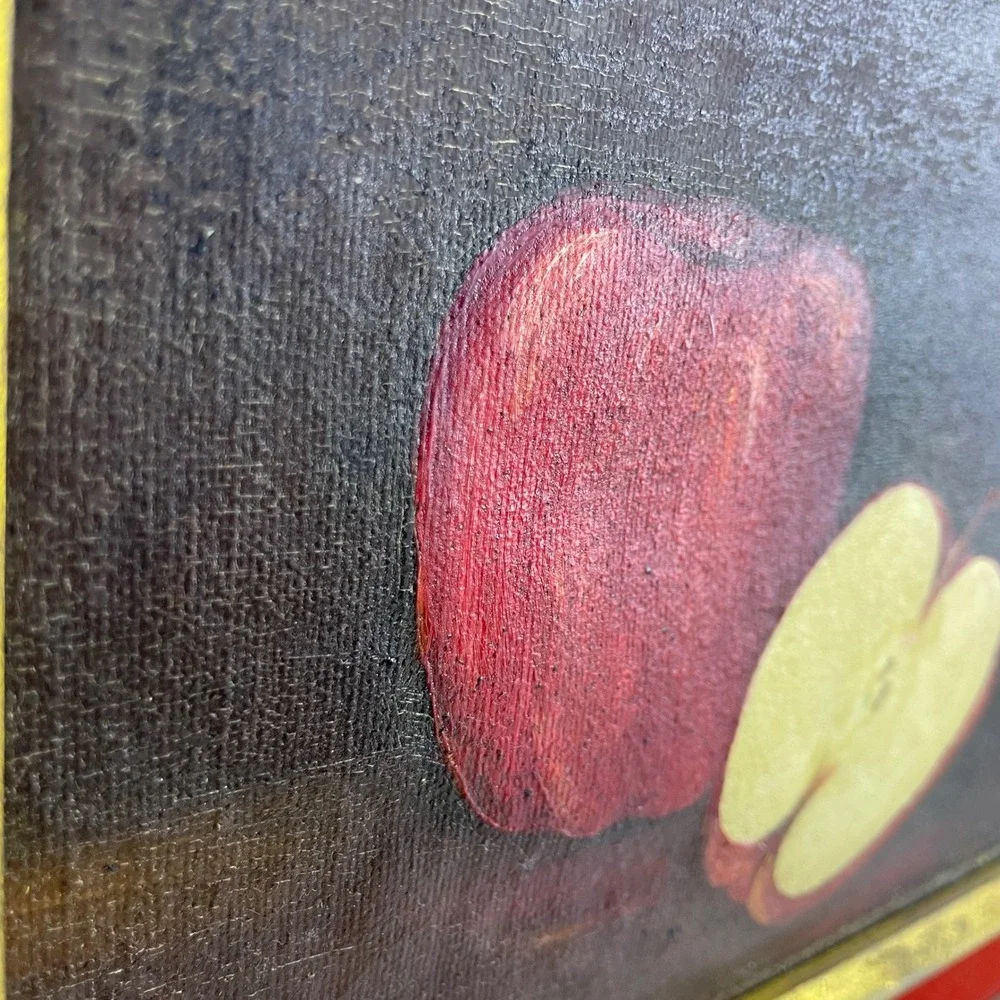 Antique French Still Life Oil Painting Red Apple Gold Frame Red Velvet Mat - Picture 6 of 16
